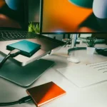 External hard drives plugged into a work computer as part of a Data Back up
